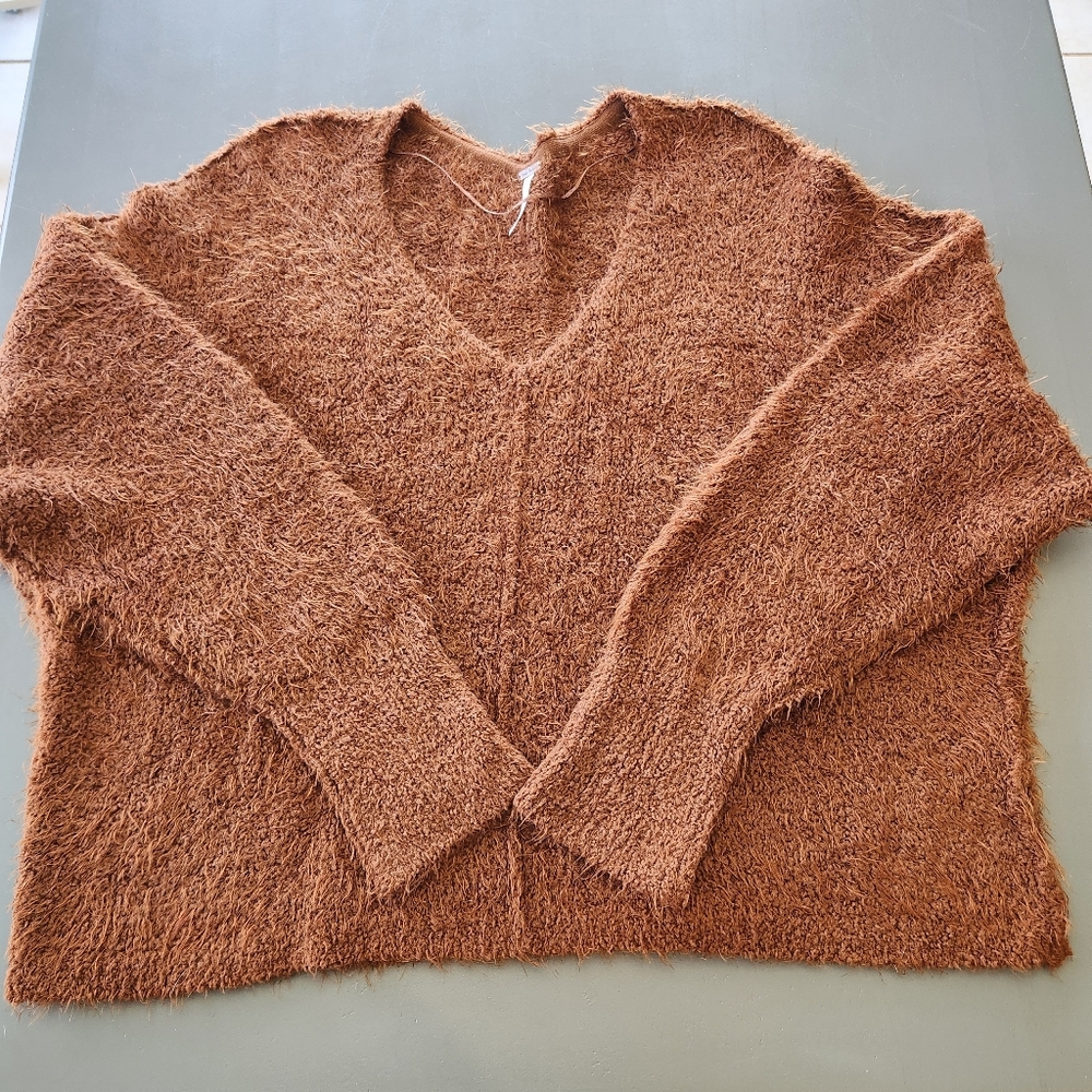Free People Icing Eyelash V Neck Sweater in Mocha Java SZ XL Fuzzy Boho Festival